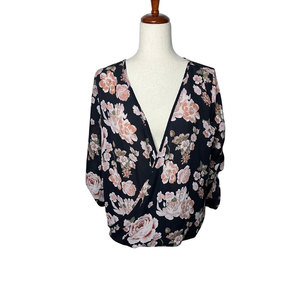 Justify Women’s Large Black Pink Floral Surplice Wrap Front Blouse | Large